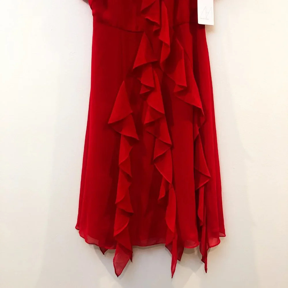 Mikael Aghal Red Chiffon Ruffle Midi Dress 10 NWT - Picture 2 of 8